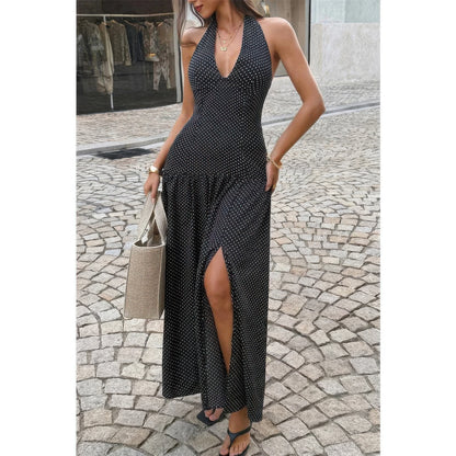 Supreme Fashion Polka Dot Vintage Halter Neck Maxi Dress in Black - Halterneck Polka Dot Dress
