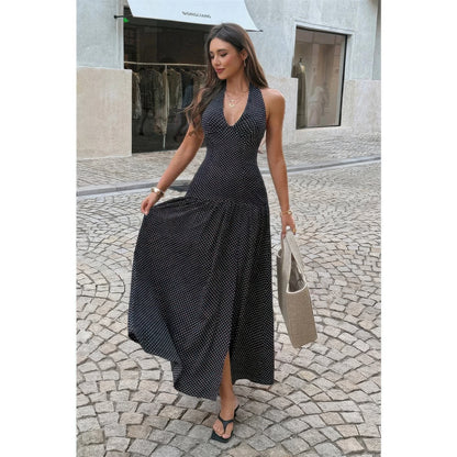 Supreme Fashion Polka Dot Vintage Halter Neck Maxi Dress in Black view 4 - Halterneck Polka Dot Dress