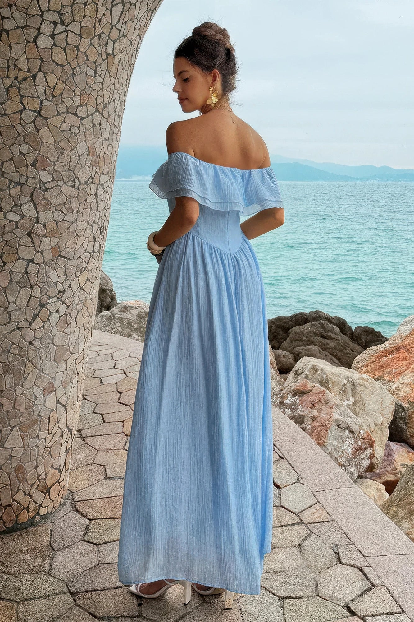 Supreme Fashion Solid Off Shoulder Corset Ruffle Long Dress in Blue view 3 - Solid Off Shoulder Dress