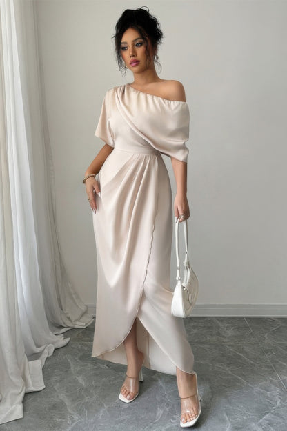 Supreme Fashion Solid One Shoulder Cross Ruched Dress in Beige view 3 - Solid One Piece Dress For Women