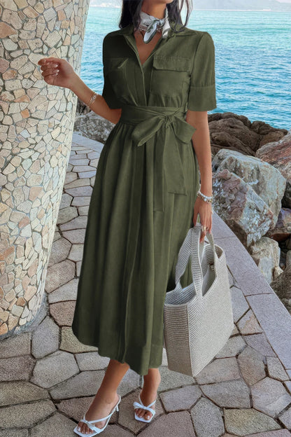 Supreme Fashion Solid Pocket Turn Down Collar a Line Dress in Olive view 10 - Solid Color Pocket Lounge Dress