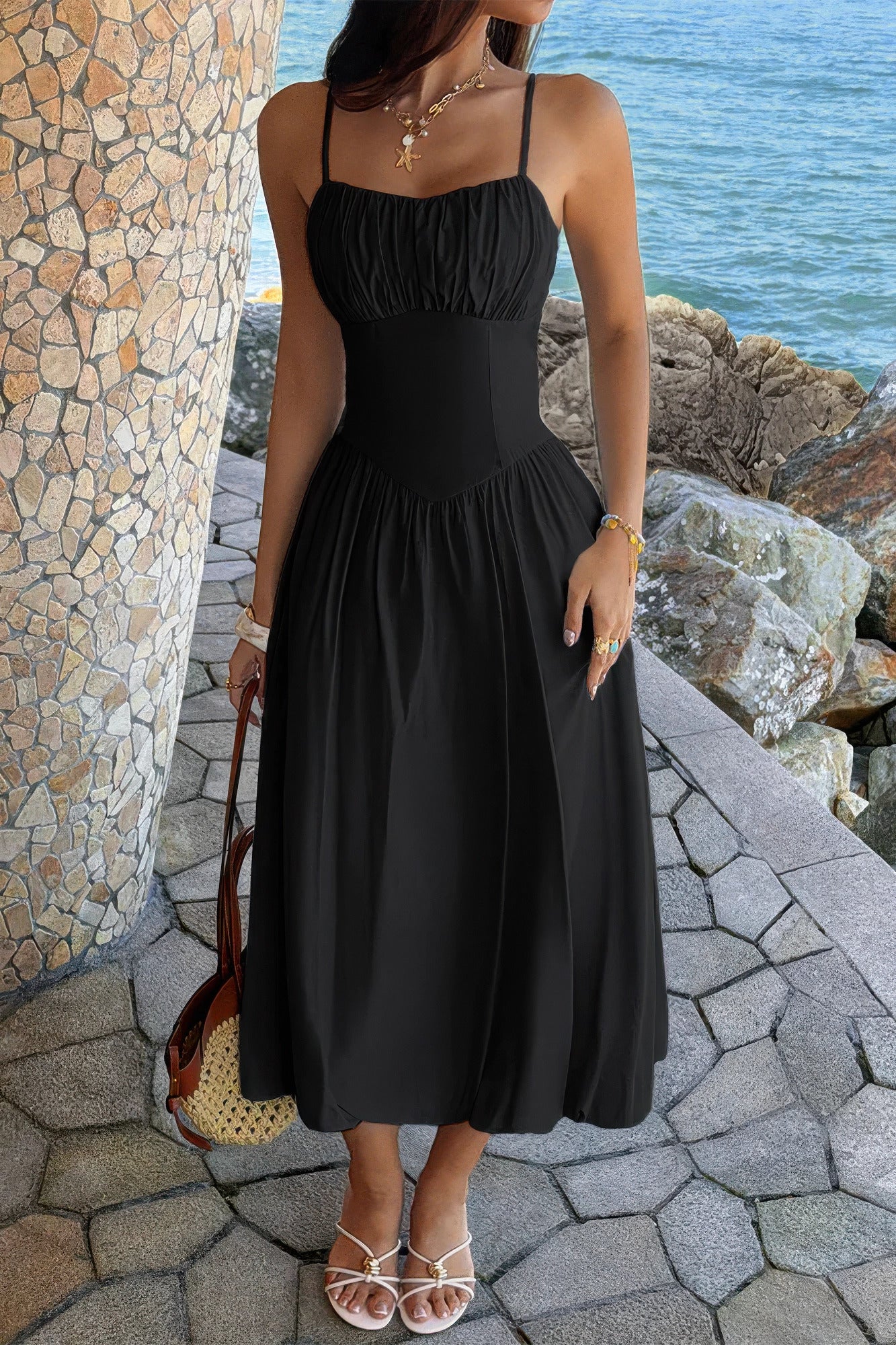 Supreme Fashion Solid Sleeveless Ruched Bust a Line Dress in Black view 3 - Flats