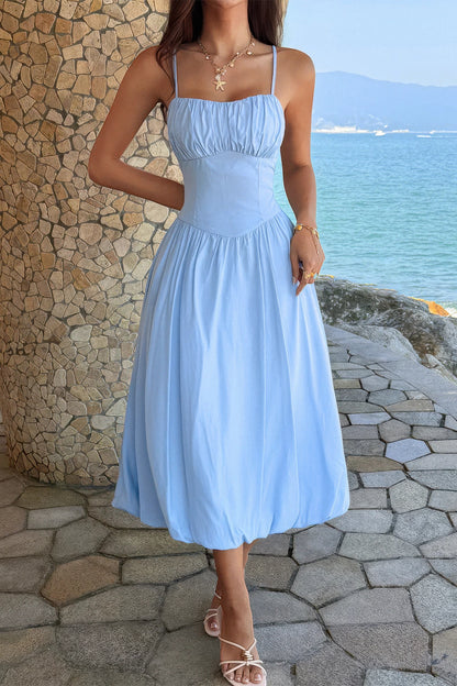Supreme Fashion Solid Sleeveless Ruched Bust a Line Dress in Blue view 5 - Flats