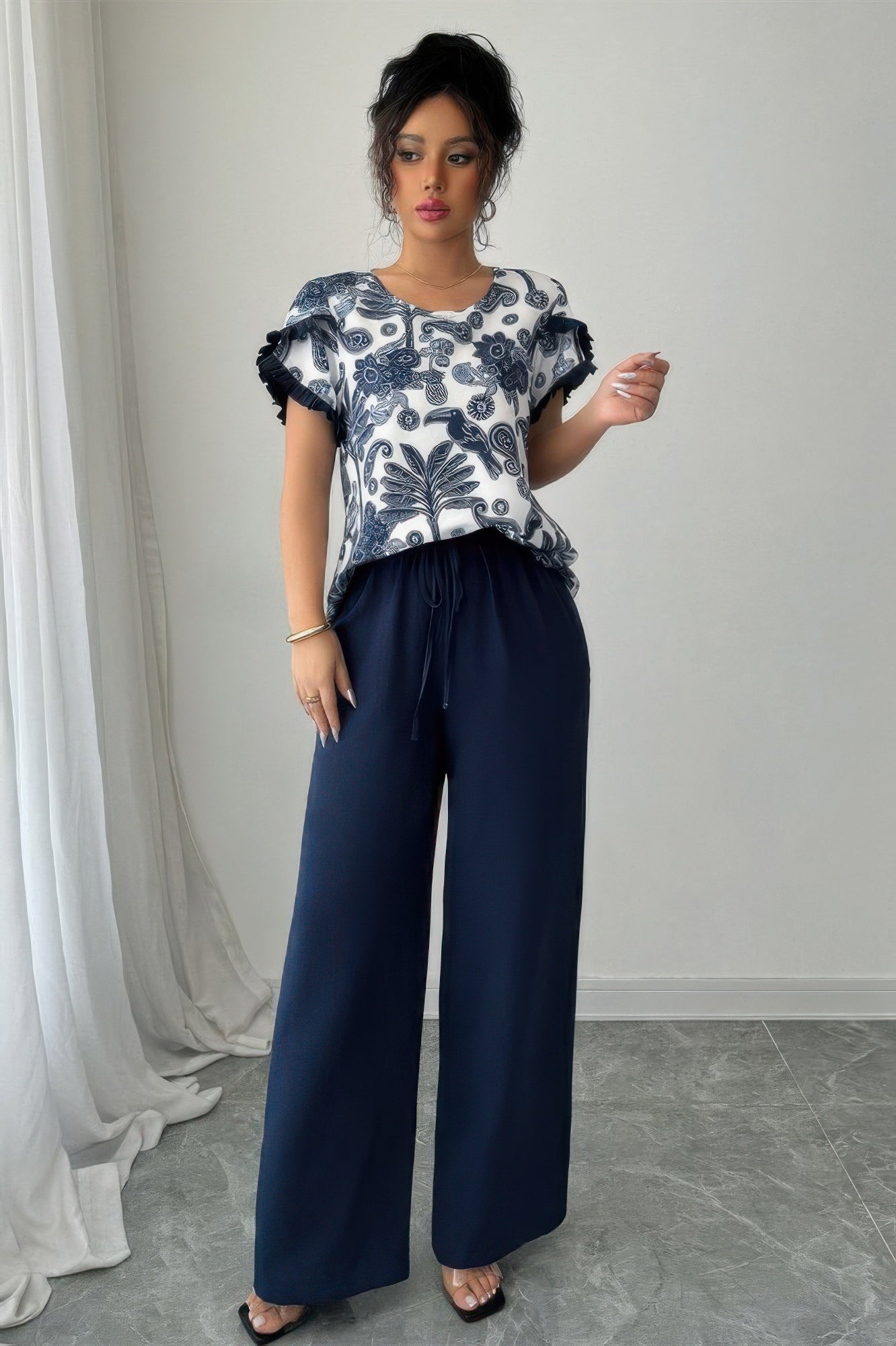 Supreme Fashion Two Pieces Floral Print Ruffle Hem Sleeve Sets in Royal Blue view 3 - Two Piece Sets Women (one-piece)