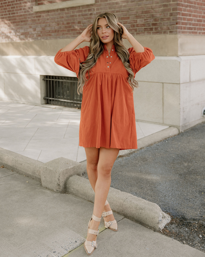 Sutton Corduroy Dress - Rust in Gold Flame view 3 - Rust Dress