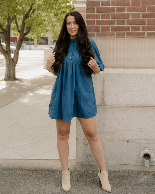 Sutton Corduroy Dress - Teal in Light Blue - Teal Dress