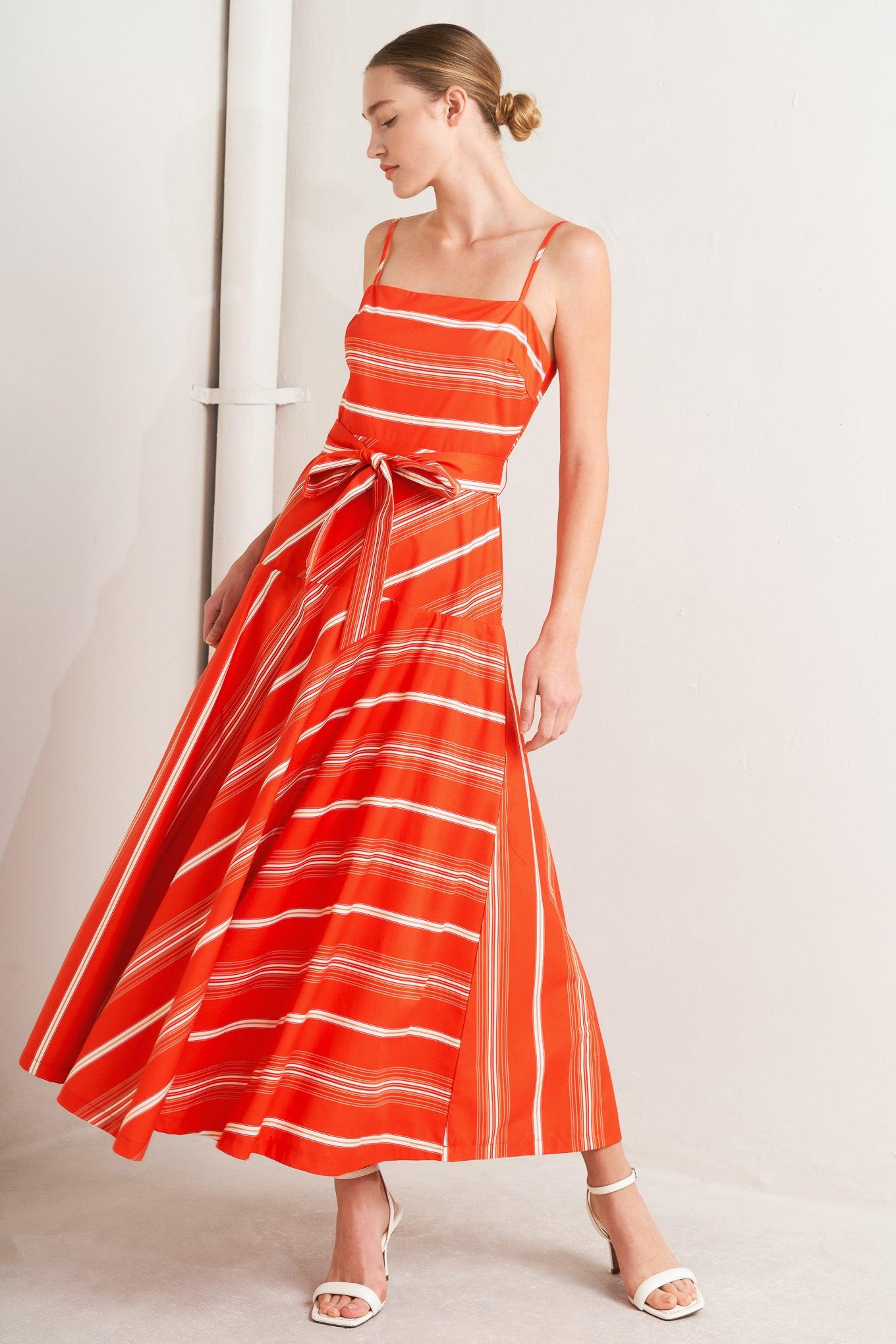 Sweet Escape Stripe Woven Midi Dress in TOMATO RED view 4 - Sweet Escape Dress Windsor
