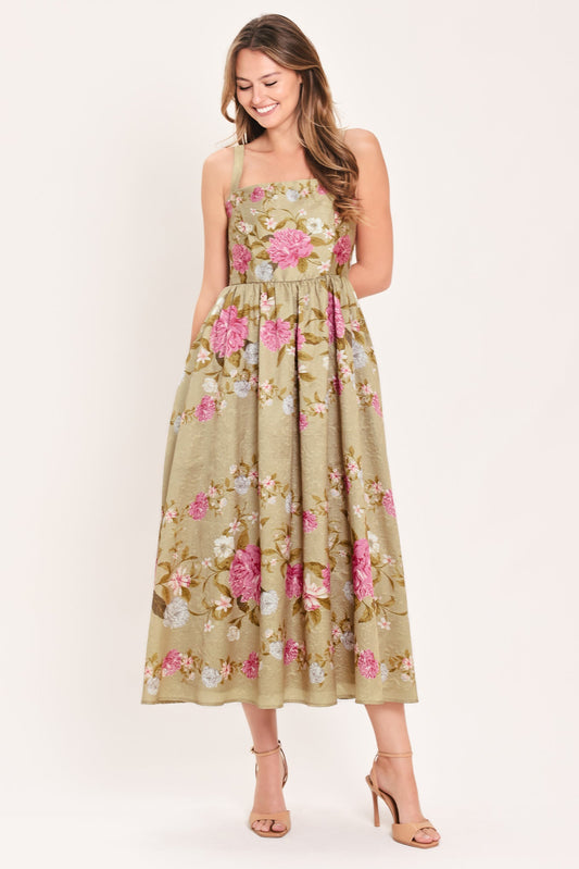 Sweet Peony Morning Woven Midi Dress in TAN - Peony Sweet Pea Dress