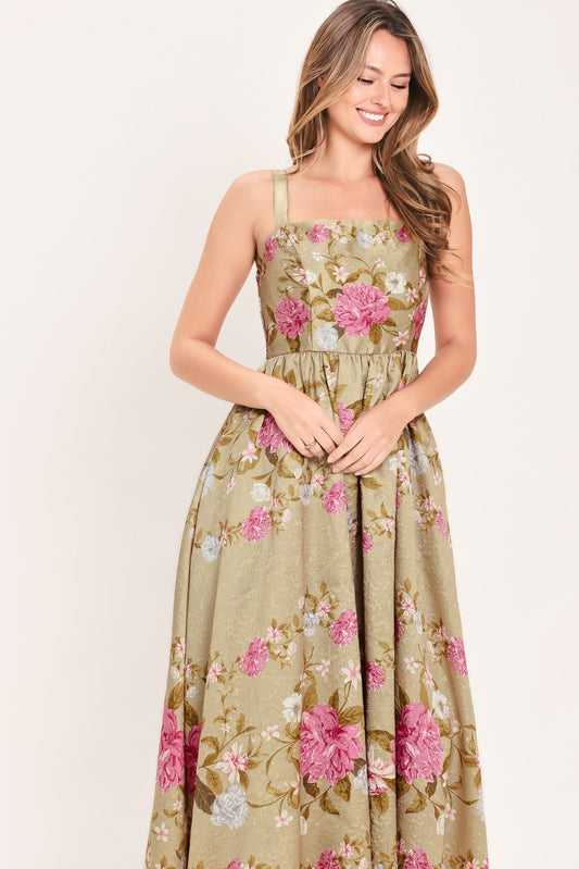 Sweet Peony Morning Woven Midi Dress in TAN view 2 - Peony Sweet Pea Dress