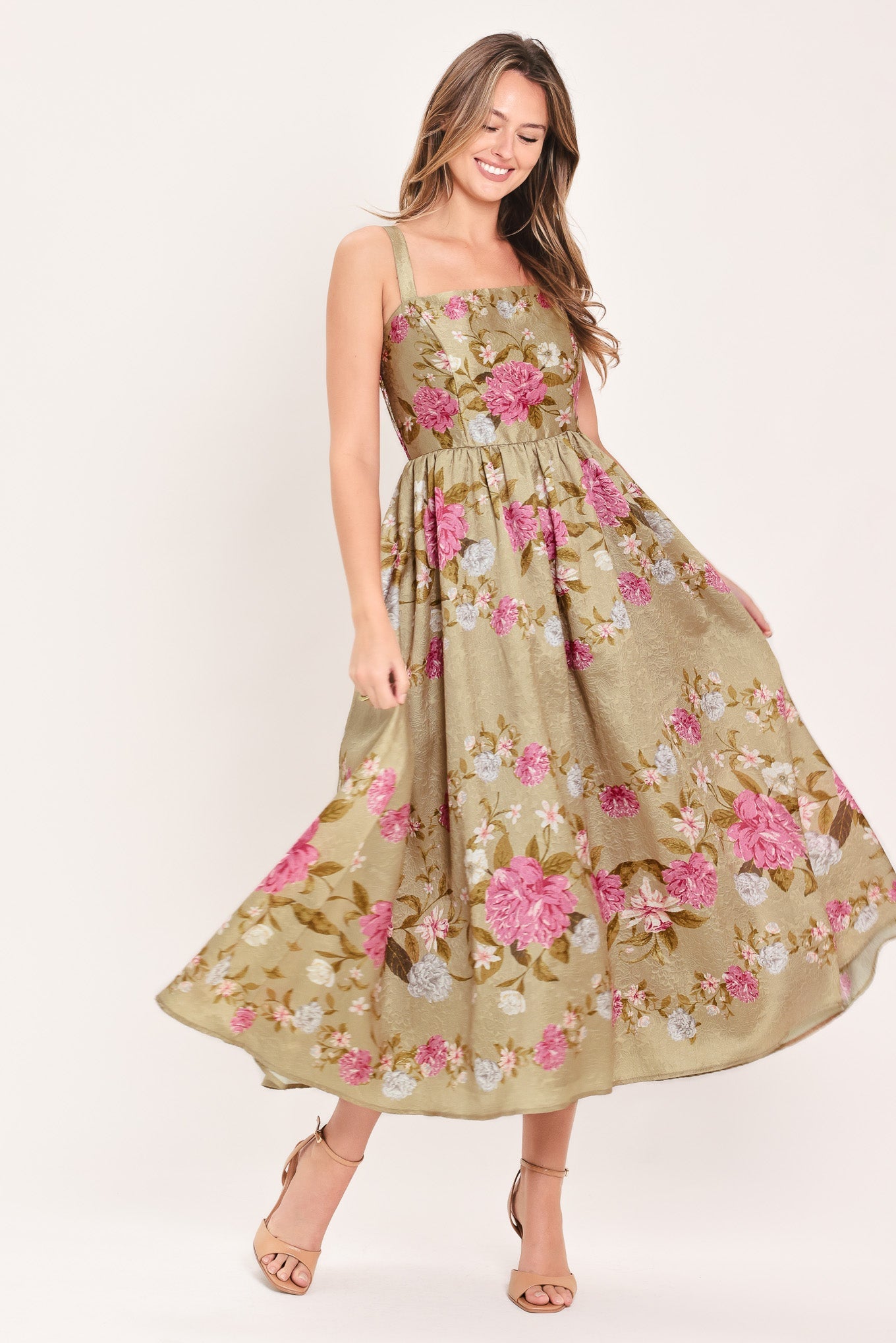 Sweet Peony Morning Woven Midi Dress in TAN view 3 - Peony Sweet Pea Dress