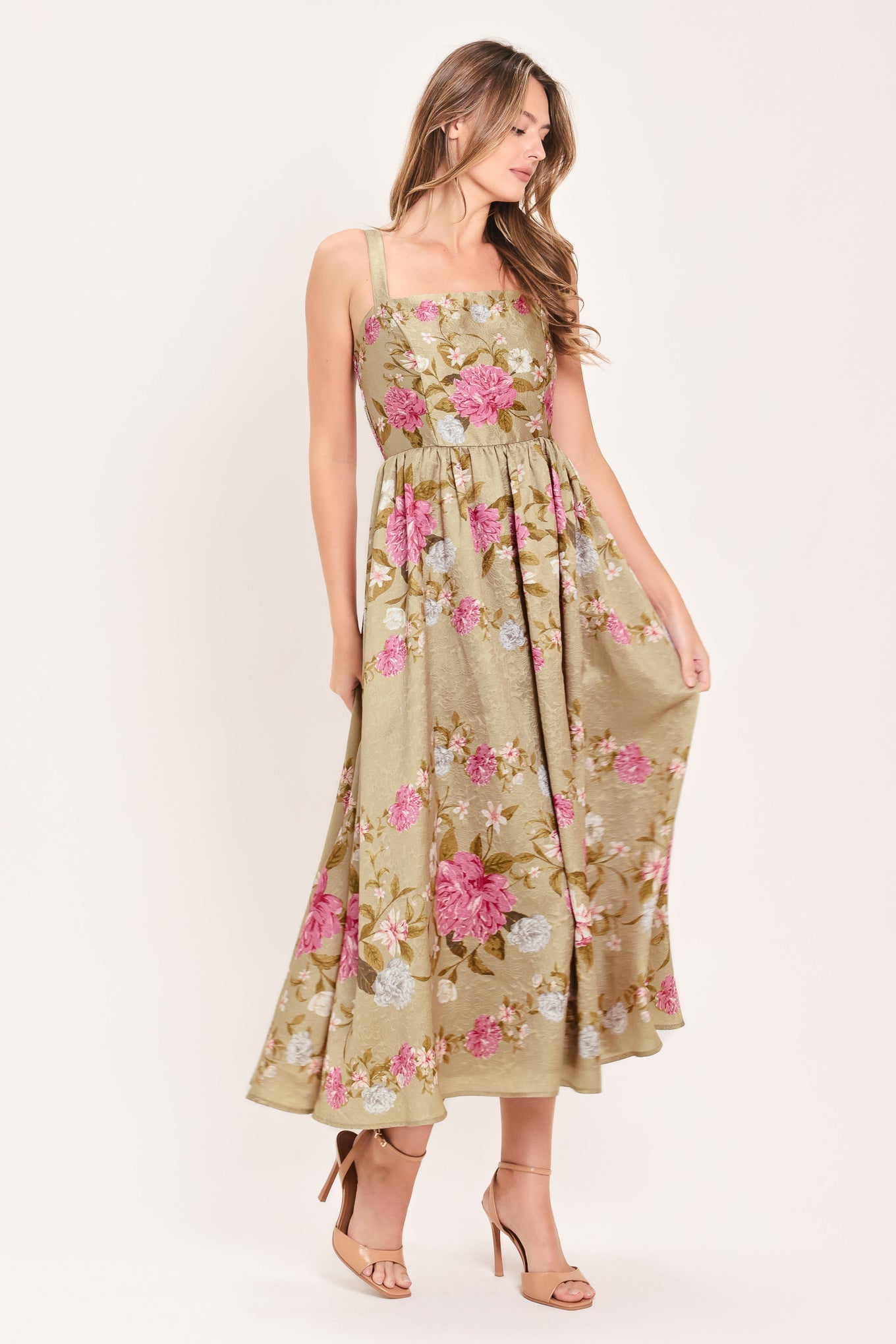 Sweet Peony Morning Woven Midi Dress in TAN view 6 - Peony Sweet Pea Dress