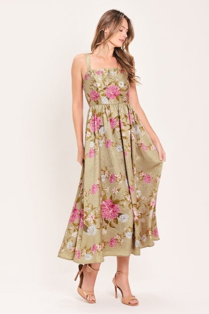 Sweet Peony Morning Woven Midi Dress in TAN view 6 - Peony Sweet Pea Dress