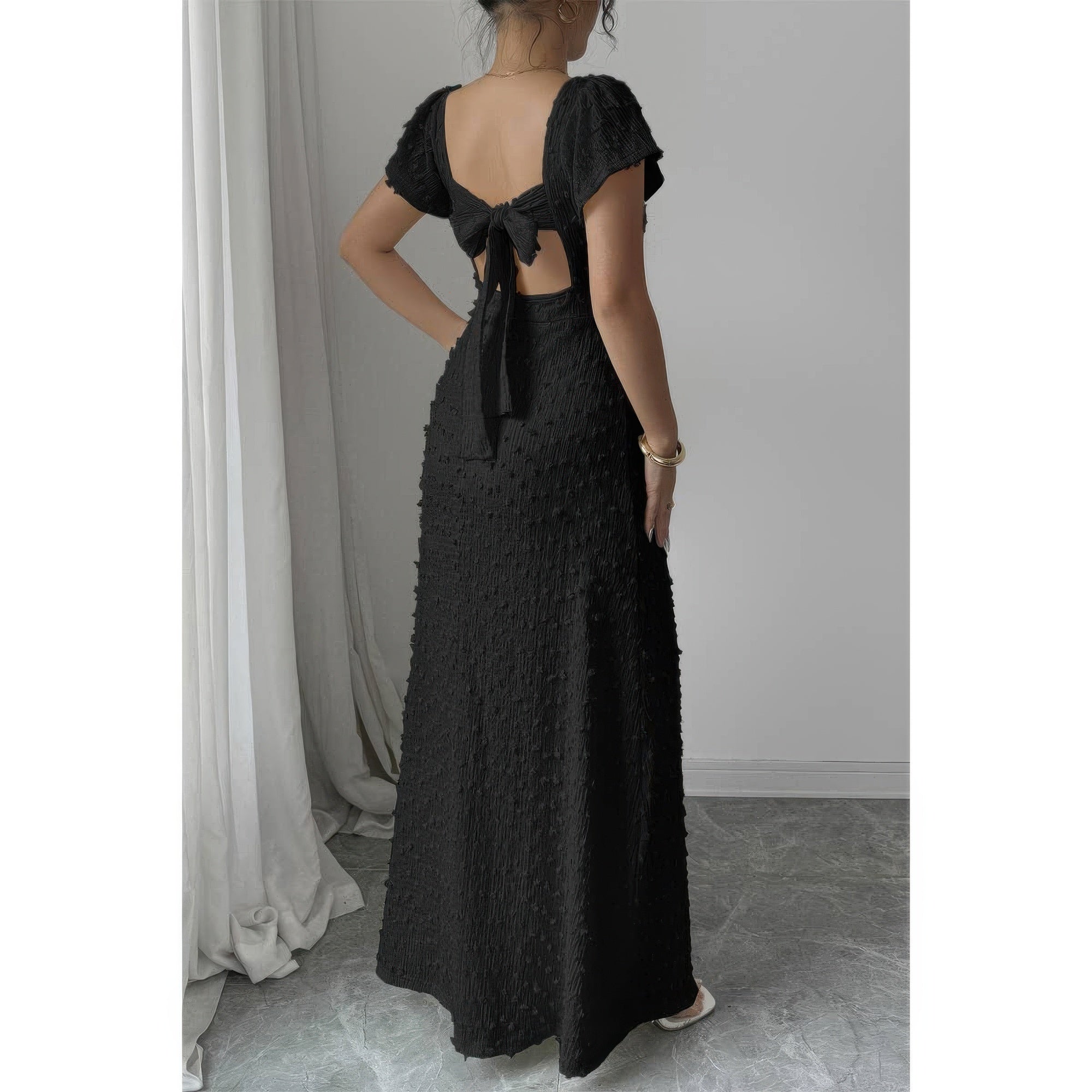 Swiss Dot Lace V Neck a Line Knot Back Dress Beige view 3 (dress) - swiss dot dress women, swiss dot dr - shop at us.meeeshop