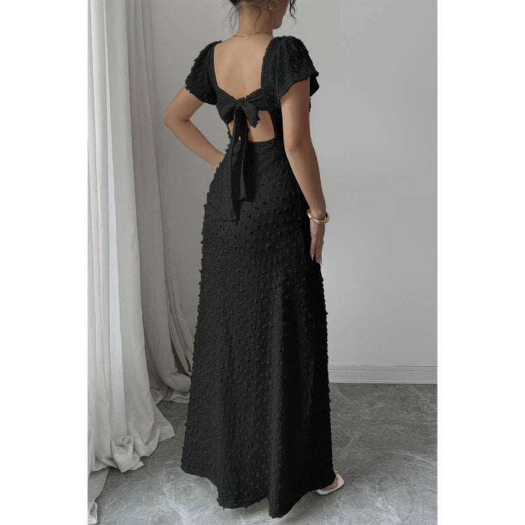 Swiss Dot Lace V Neck a Line Knot Back Dress Beige view 3 (dress) - swiss dot dress women, swiss dot dr - shop at us.meeeshop