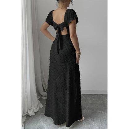 Swiss Dot Lace V Neck a Line Knot Back Dress in Beige view 3 - Swiss Dot Dress Women