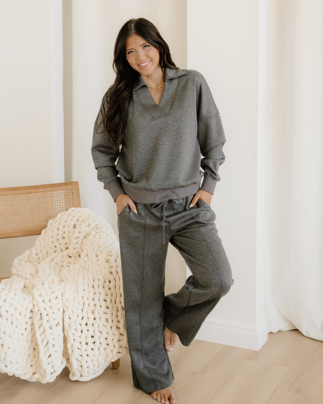 Sylvie Collared V Neck Pullover Sweatshirt Sweatpants Set in Medium Grey - Set Pullover (top)
