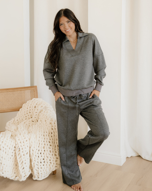 Sylvie Collared V Neck Pullover Sweatshirt Sweatpants Set in Medium Grey - Set Pullover (top)