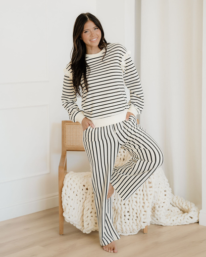 talia stripe ruffle Talia Stripe Ruffle Trim Drop Shoulder Top Drawstring Loose Pant Set view 2 (top) - shop at us.meeeshop