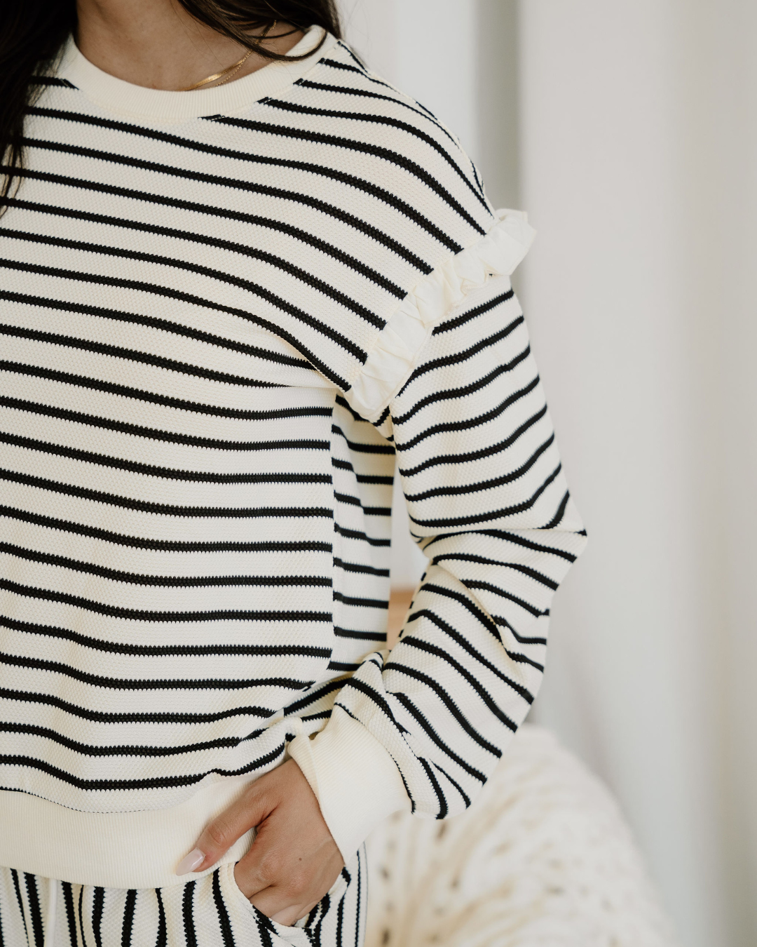 talia stripe ruffle Talia Stripe Ruffle Trim Drop Shoulder Top Drawstring Loose Pant Set view 5 (top) - shop at us.meeeshop