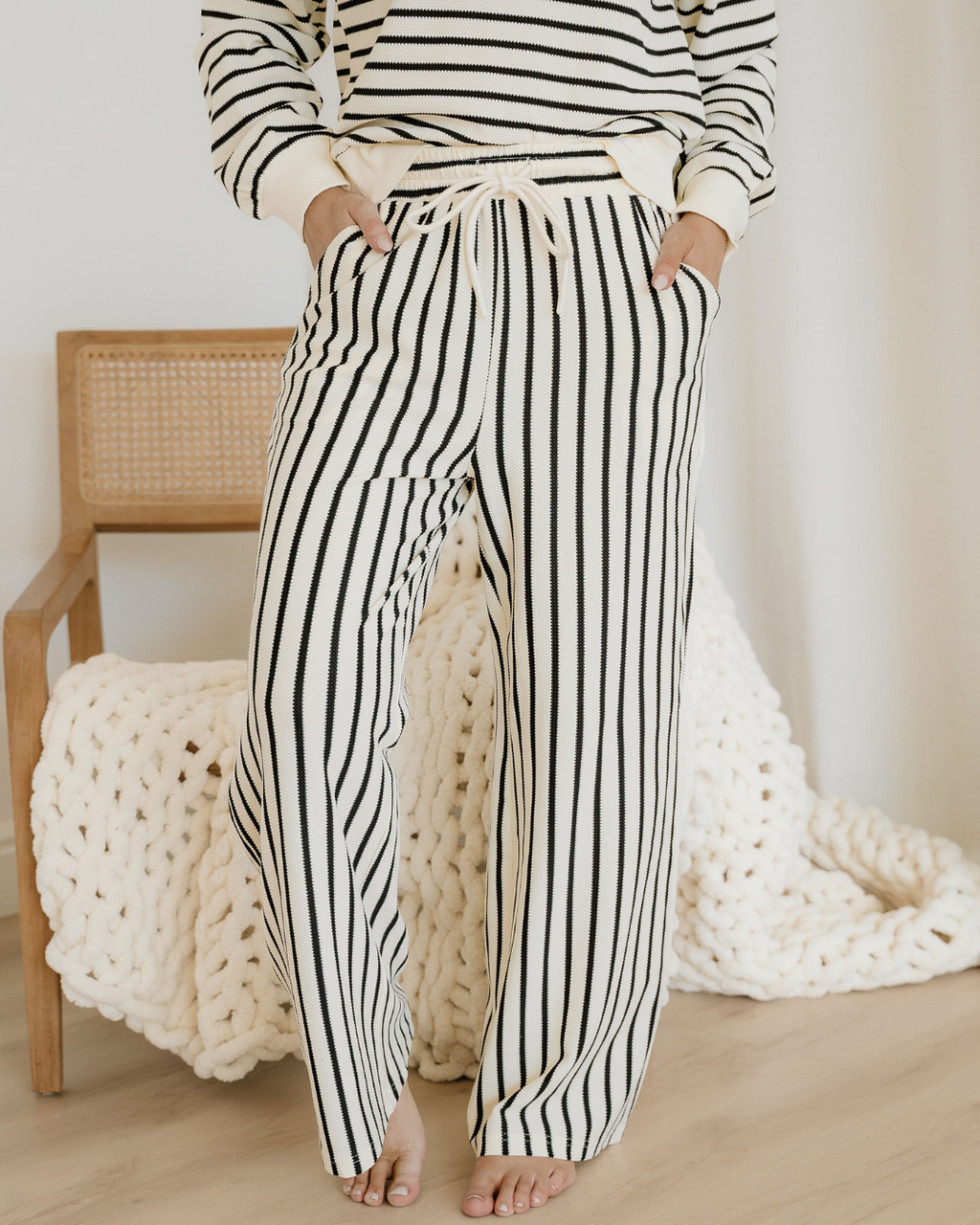 Talia Stripe Ruffle Trim Drop Shoulder Top Drawstring Loose Pant Set view 6 (top) - talia byre striped  - shop at us.meeeshop