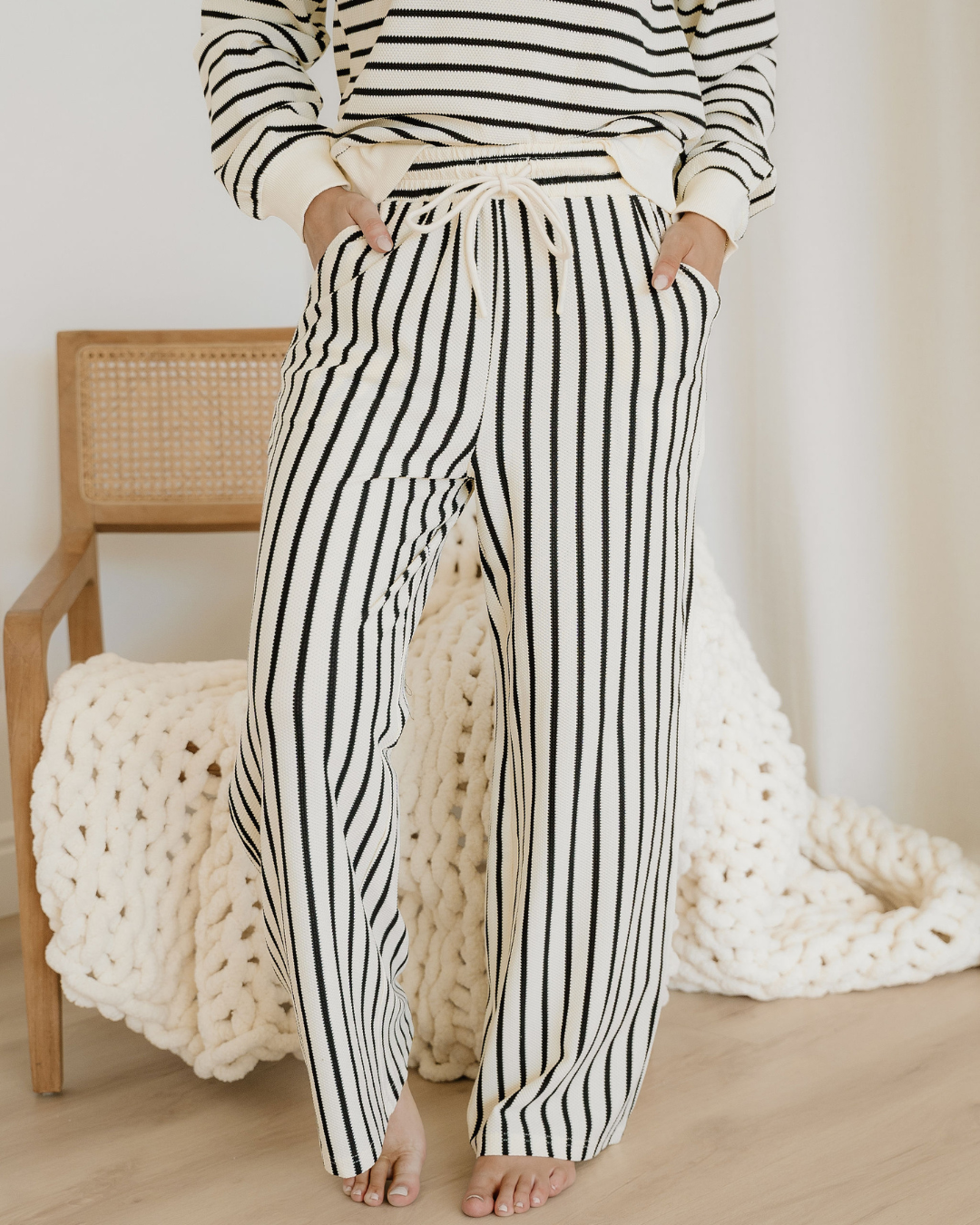 talia stripe ruffle Talia Stripe Ruffle Trim Drop Shoulder Top Drawstring Loose Pant Set view 6 (top) - shop at us.meeeshop