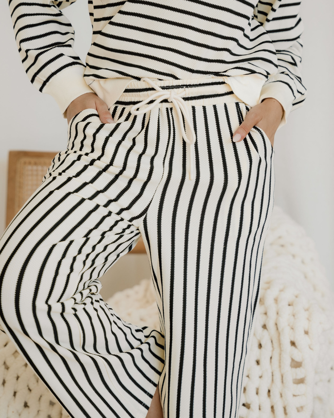 talia stripe ruffle Talia Stripe Ruffle Trim Drop Shoulder Top Drawstring Loose Pant Set view 7 (top) - shop at us.meeeshop
