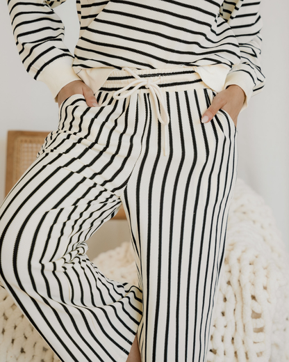 talia stripe ruffle Talia Stripe Ruffle Trim Drop Shoulder Top Drawstring Loose Pant Set view 7 (top) - shop at us.meeeshop