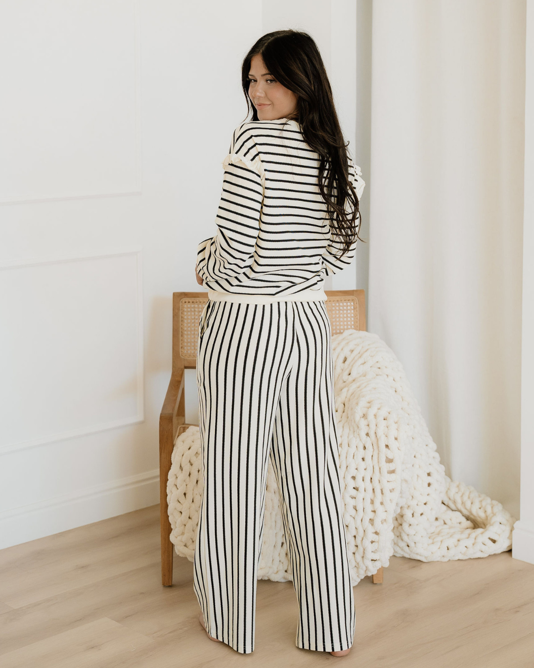 talia stripe ruffle Talia Stripe Ruffle Trim Drop Shoulder Top Drawstring Loose Pant Set view 8 (top) - shop at us.meeeshop