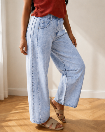 Tatum Light Washed Pull on Barrel Jeans in Beau Blue (bottom)