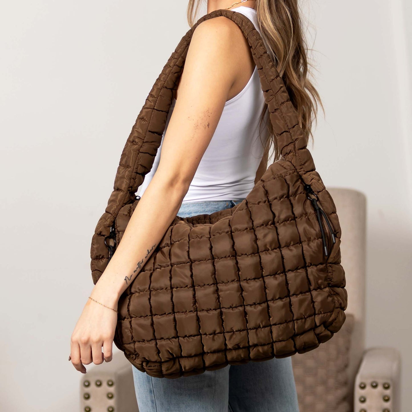Taylor Quilted Puffer Tote in Almond - Bella Taylor Quilted Tote (bag)