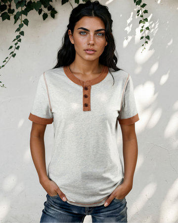 Teagan Raw Seam Color Block Detail Buttoned Henley Tee in Light Grey (top)
