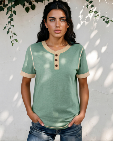 Teagan Raw Seam Color Block Detail Buttoned Henley Tee in Light Grey view 2 (top)