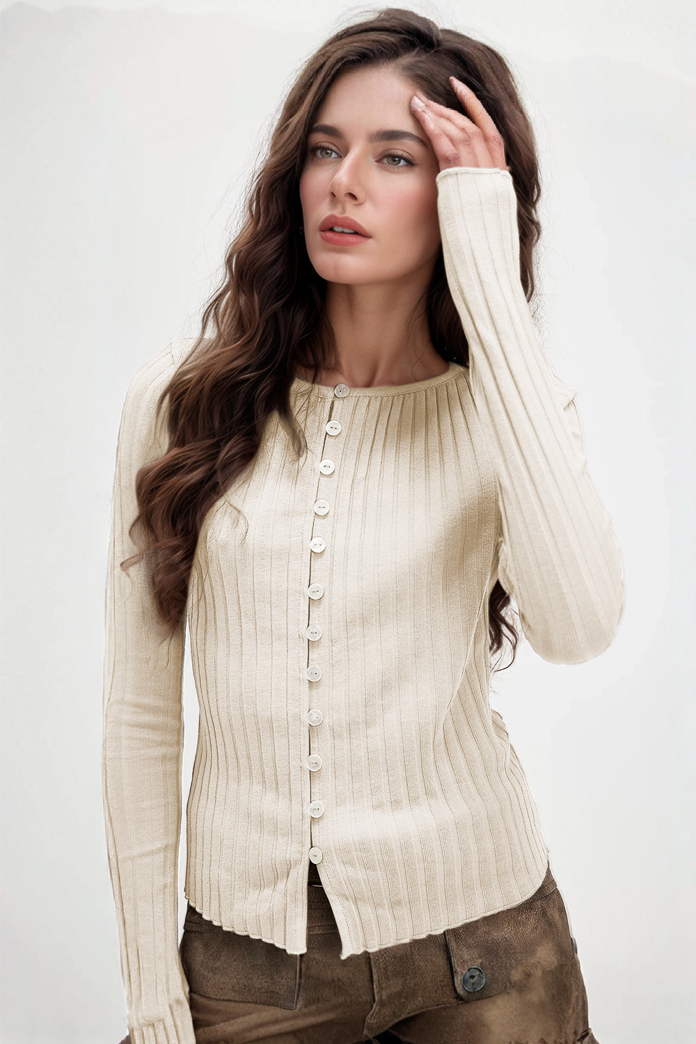 Texture Button up Round Neck Long Sleeve Top - MeeeShop Women's Fashion
