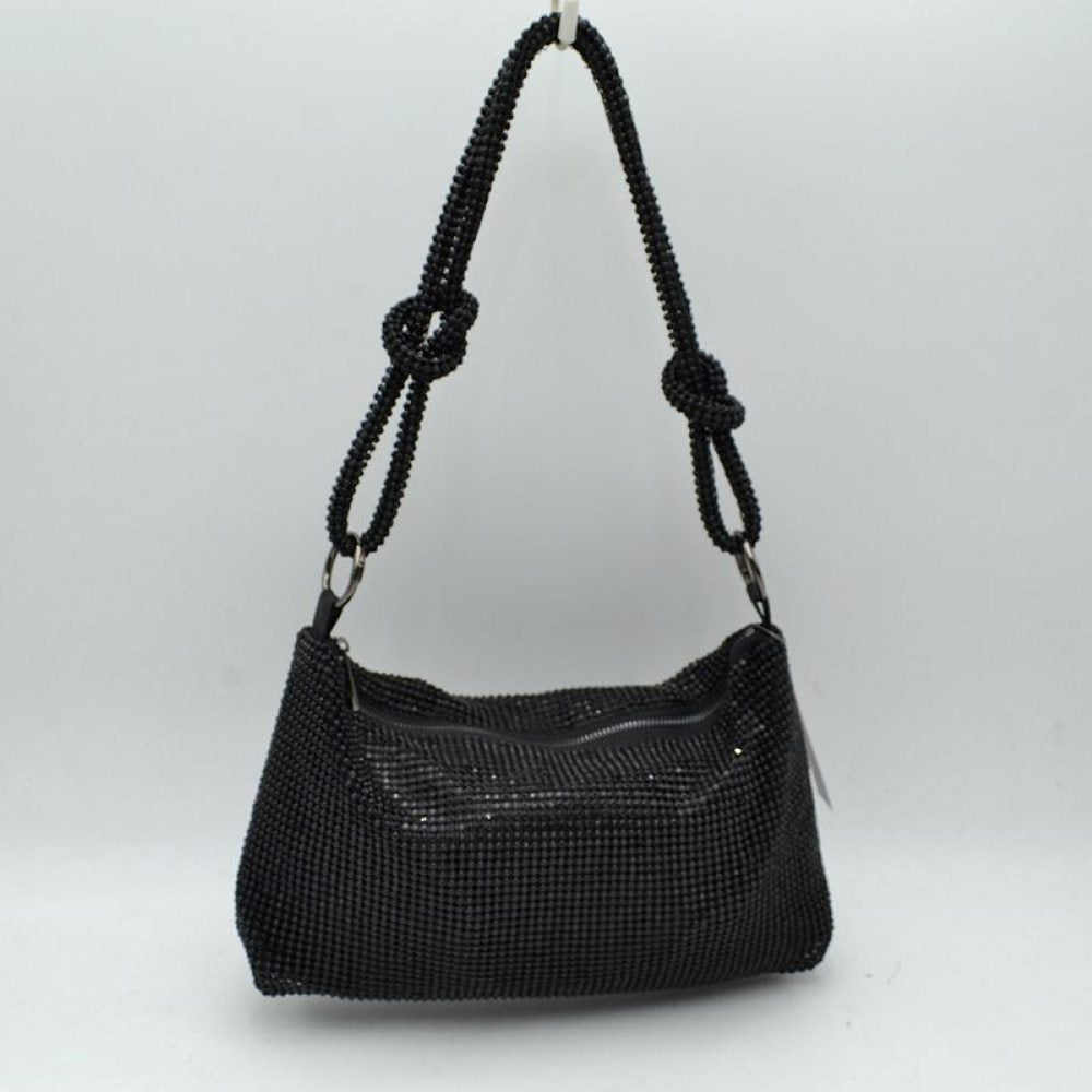 Textured Handbag with Knotted Shoulder Strap in Black - Strap Handbag