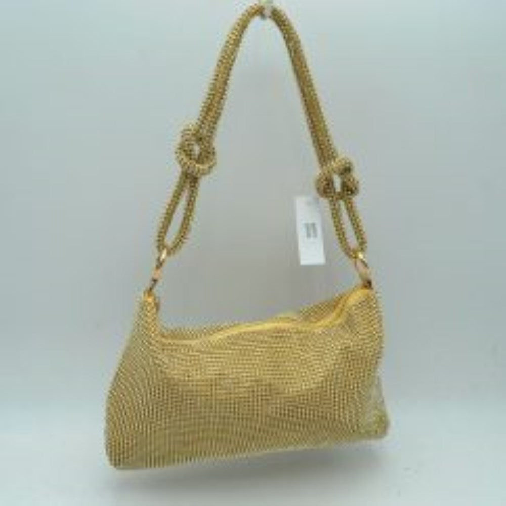 Textured Handbag with Knotted Shoulder Strap in Gold view 2 - Strap Handbag