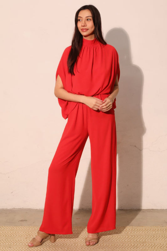 Textured Solid Mock Neck Caftan Jumpsuit in M view 2 (one-piece)