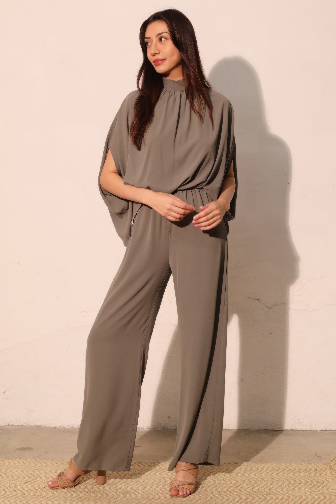 Textured Solid Mock Neck Caftan Jumpsuit in M view 2 (one-piece)
