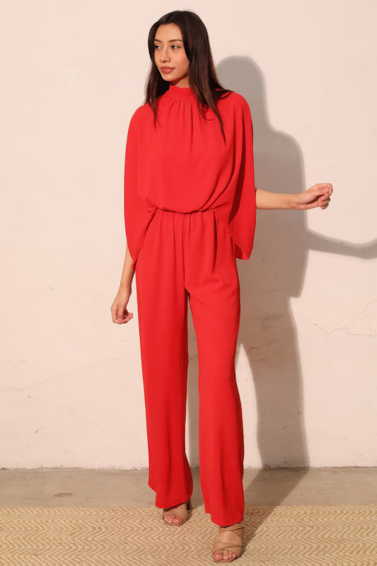 Textured Solid Mock Neck Caftan Jumpsuit in S (one-piece)