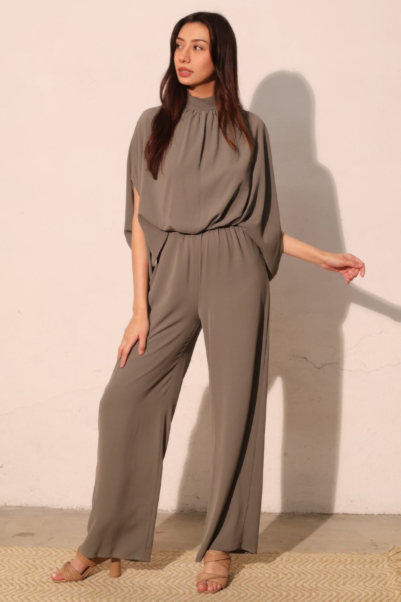 Textured Solid Mock Neck Caftan Jumpsuit in S (one-piece)