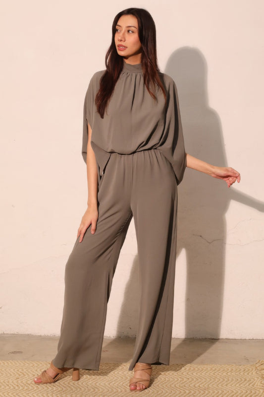 Textured Solid Mock Neck Caftan Jumpsuit in S (one-piece)