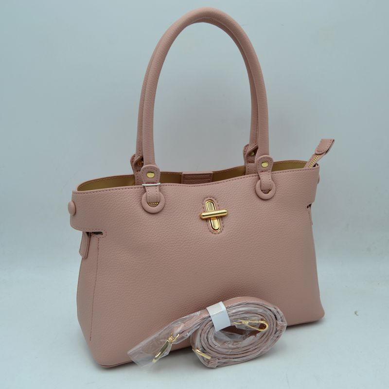 Textured Top Handle Handbag with Metallic Turn-lock Accent - MeeeShop Women's Fashion