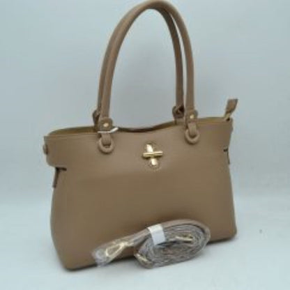 Textured Top Handle Handbag with Metallic Turn-lock Accent - MeeeShop Women's Fashion