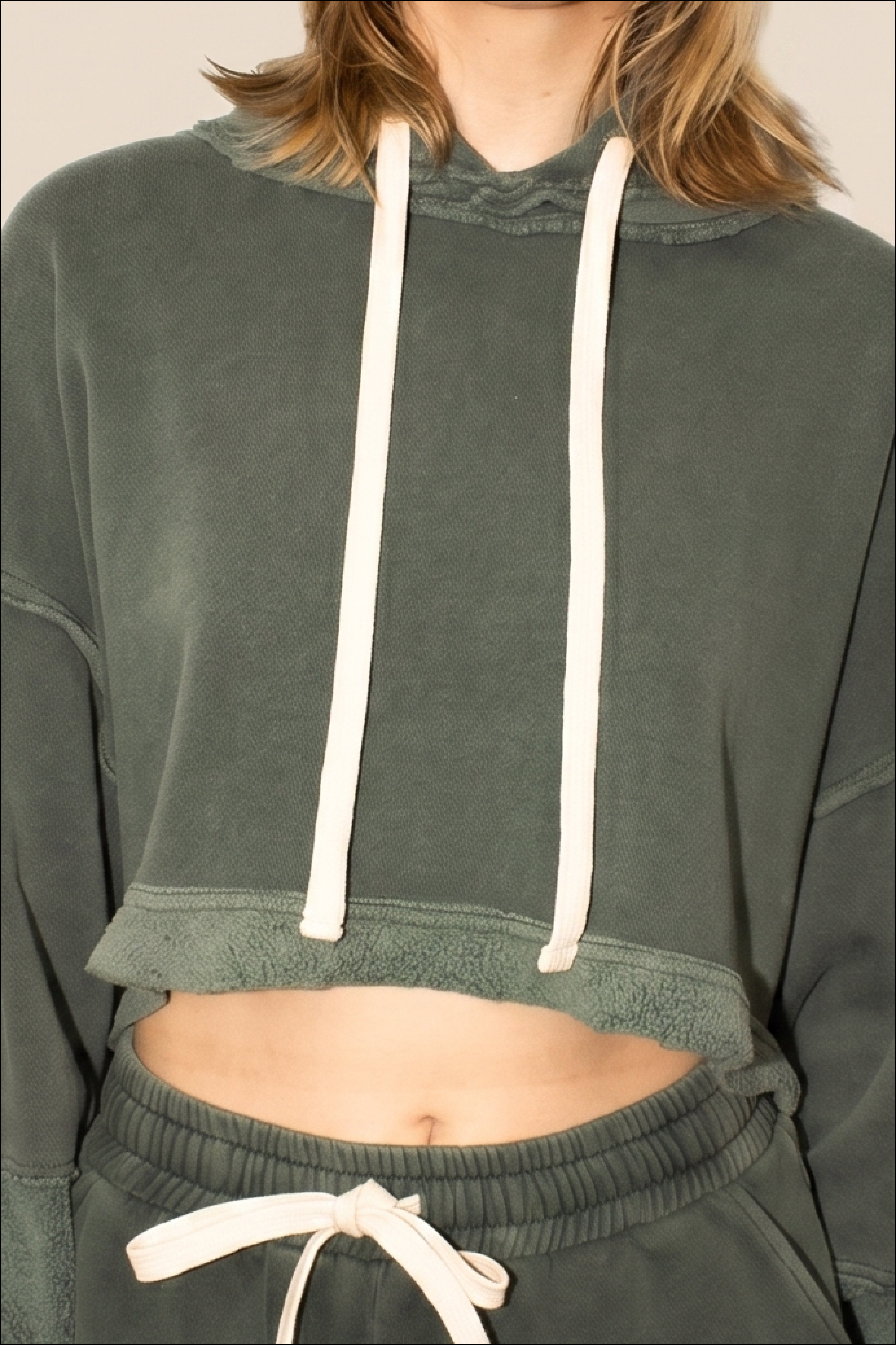 The Bonnie Cropped Hoodie - Olive M view 3 (layer) - olive hoodie, cropped olive hoodie - shop at us.meeeshop