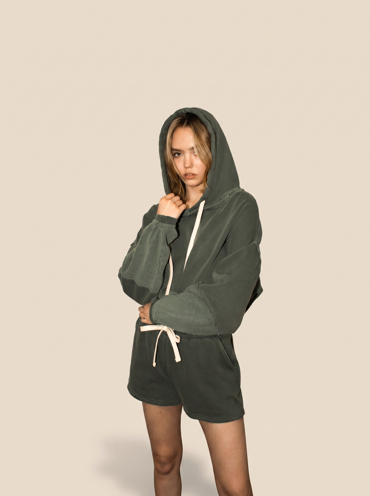 The Bonnie Cropped Hoodie - Olive Top in L view 4 - Olive Hoodie