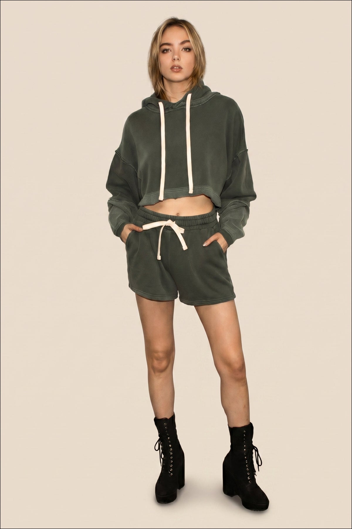 The Bonnie Cropped Hoodie - Olive Top in S view 2 - Olive Hoodie