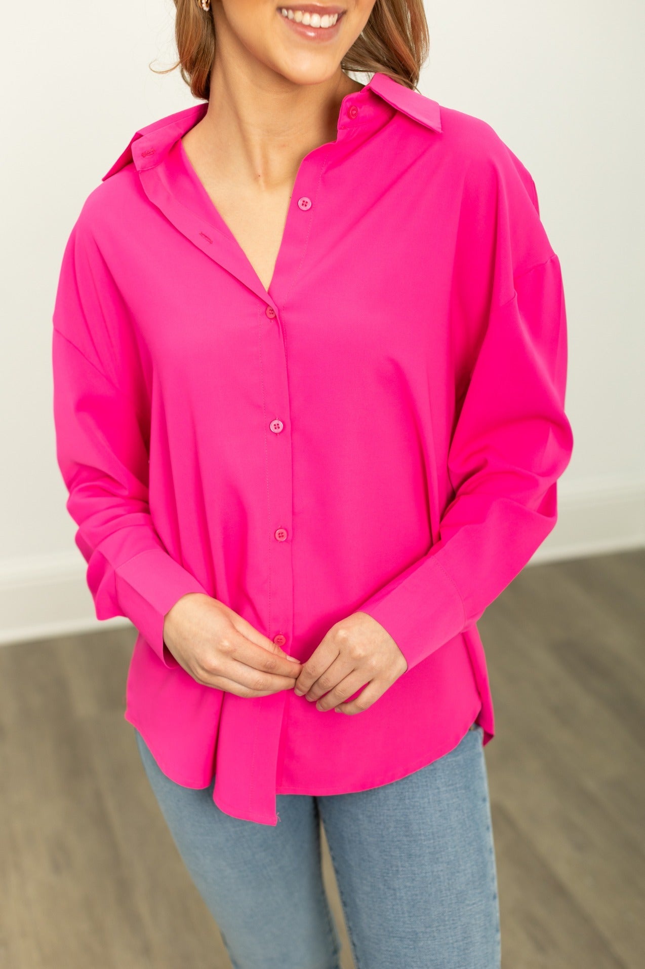 The Kathryn Button-up, Hot Pink in Hot Pink view 5 - Button Pink (top)