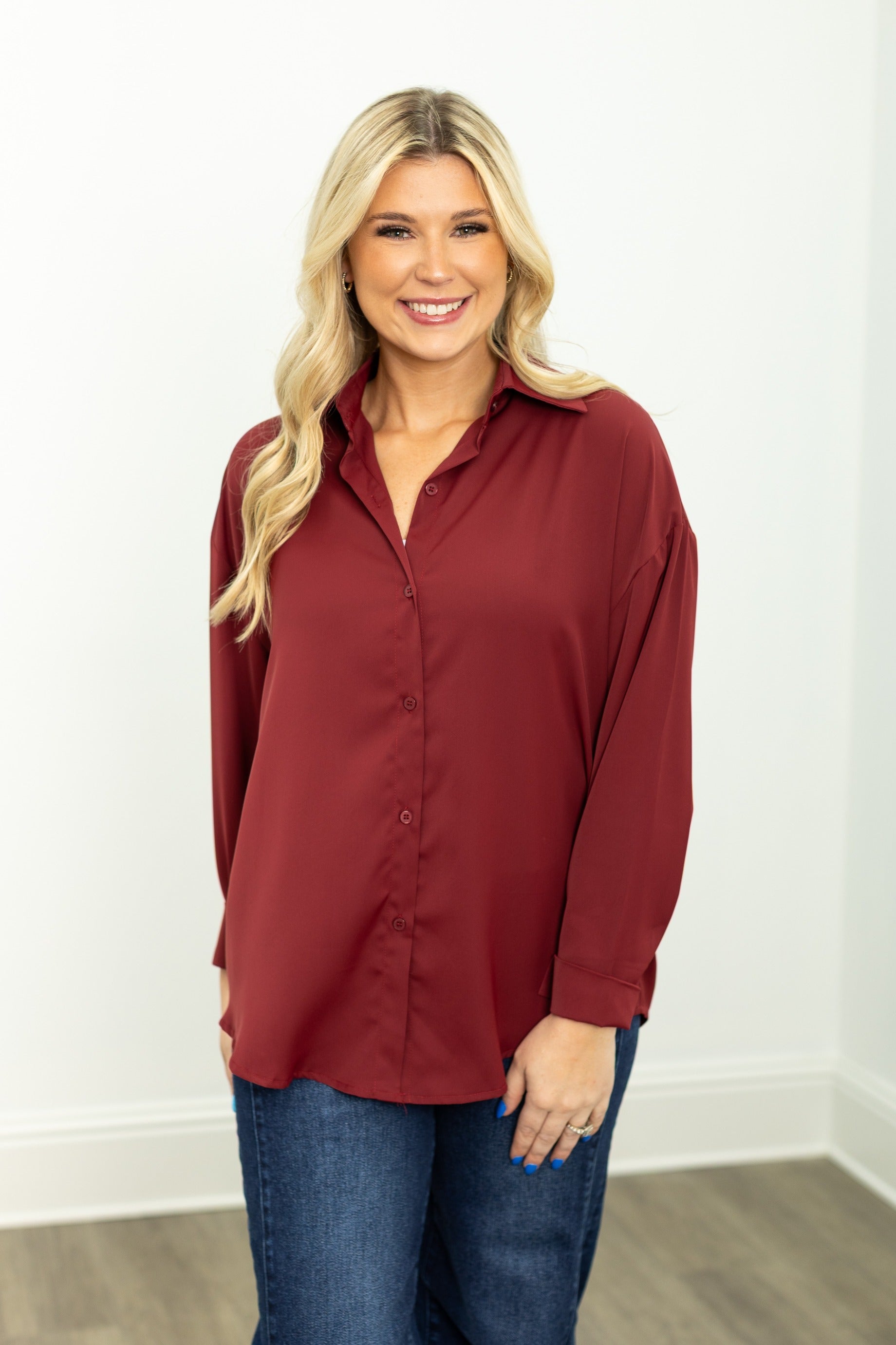The Kathryn Button-up, Maroon in Maroon view 4 - Button Maroon (top)