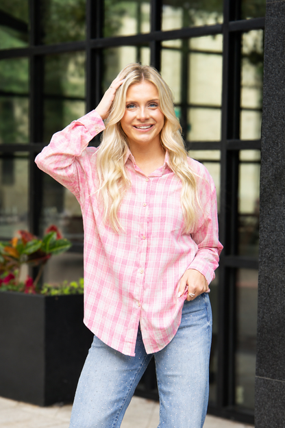 The Kathryn Button-up, Pink Plaid in Pink (top)