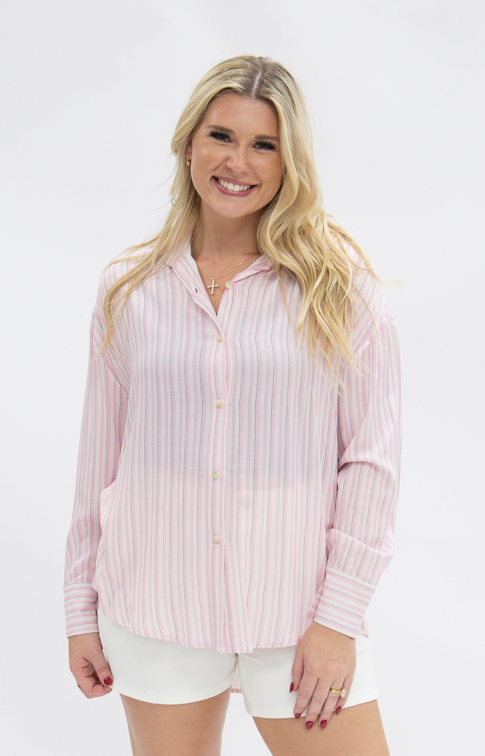 The Kathryn Button-up, Striped Pink in Pink view 3 (top)