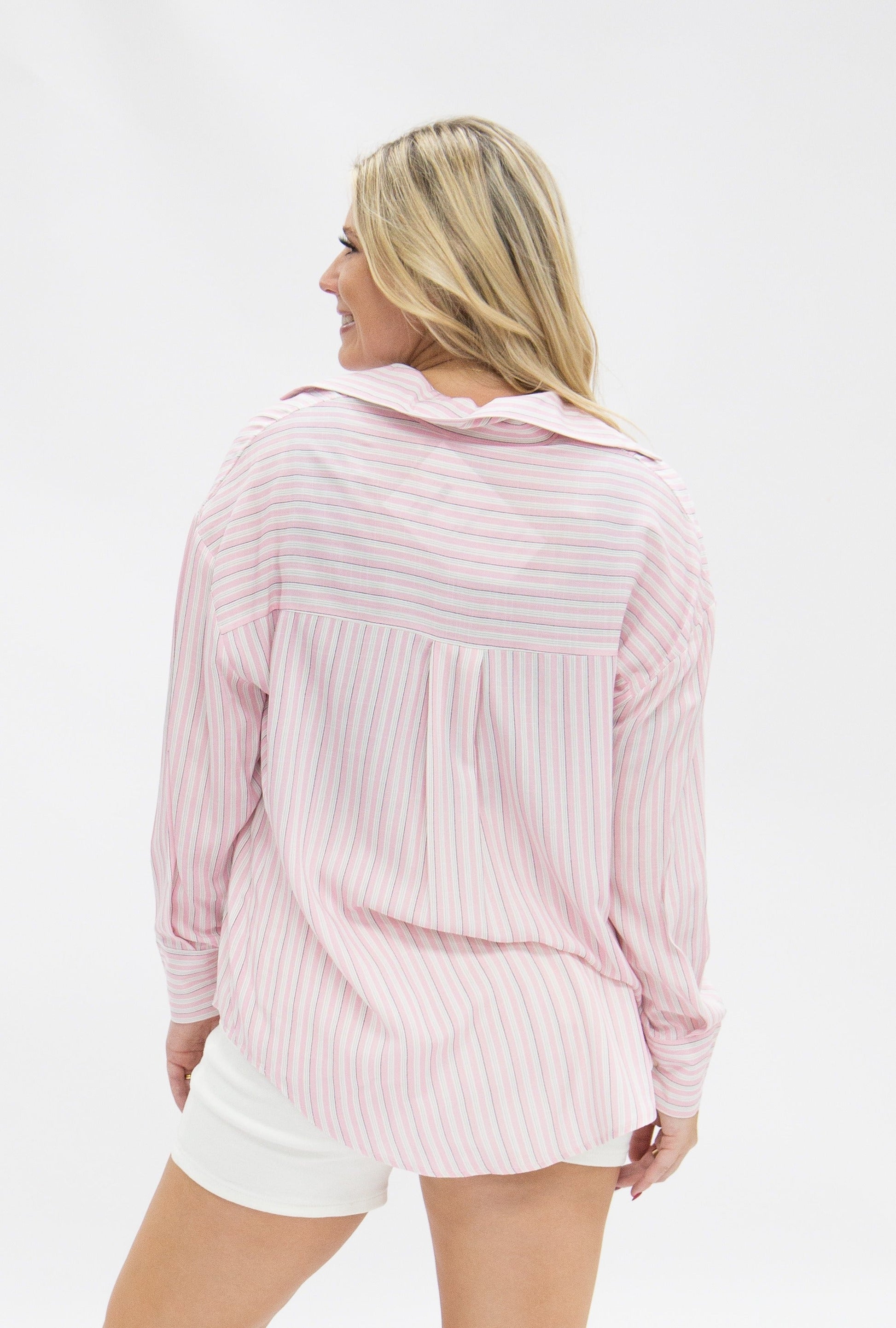 The Kathryn Button-up, Striped Pink in Pink view 5 (top)